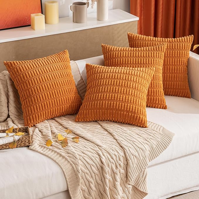 MIULEE Fall Pack of 2 Burnt Orange Corduroy Decorative Pillow Covers 18x18 Inch Soft Boho Striped Throw Pillow Covers Modern Farmhouse Home Decor for Sofa Living Room Couch Bed