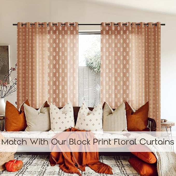 Boho Curtains 84 Inch Length 2 Panels Set for Bedroom,Vintage Floral Rustic Bohemian Terracotta Rust Color Block Print Western Long Linen Sheer Printed Farmhouse Curtains for Living Room