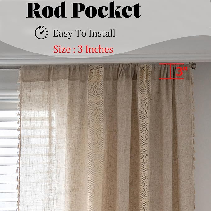 Sutuo Home Boho Linen Curtains for Kitchen Bedroom, Bohemian Semi Sheer Crochet Hollow Lace Patchwork with Textured Fabric Vintage Chic Handmade Tassels Rod Pocket Window Drapes, 59"W x 63"L, 1 Panel