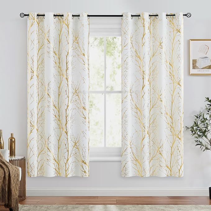 FMFUNCTEX Linen Semi Sheer Curtains, Gold Foil Metallic Print White Tree Panel for Bedroom & Living Room, Light Filtering 63 Inch Grommet Top 2 Panels
