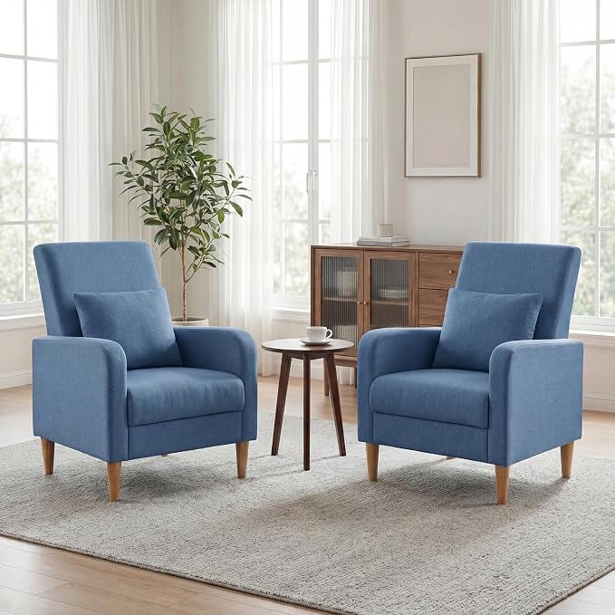 COLAMY Mid-Century Modern Accent Chairs Set of 2, Fabric Upholstered Living Room Chairs with Back Pillow & Solid Wood Legs, Comfy Armchair for Living Room, Bedroom, Single Sofa, Blue