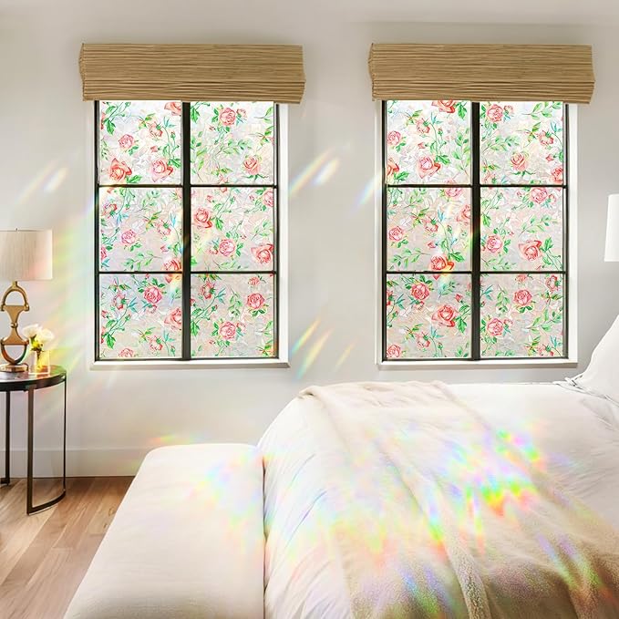 Coavas Window Privacy Film, Rainbow Stained Glass Decorative Window Clings, Anti-UV Heat Control Static Cling, Non-Adhesive Windows Tint for Home Bathroom Door, 23.6 x 78.7 Inches