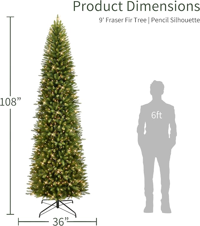 Puleo International 9ft Pre-Lit Fraser Fir Pencil Christmas Tree with 550 Clear Lights, 1828 Realistic Dense Branch Tips, Easy Setup Artificial Trees with Sturdy Metal Stand