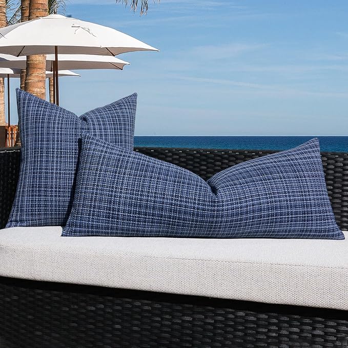 Kevin Textile Outdoor Waterproof Throw Pillow Covers 14x36 Inch Pack of 1 Woven Faux Linen Decorative Water Resistant Long Body Lumbar Cushion Covers for Tent Patio Garden Couch Sofa Navy Blue