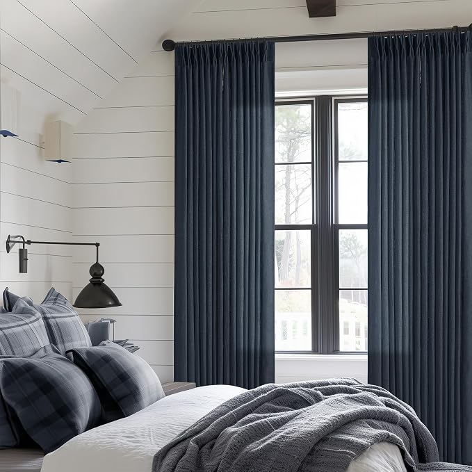 Pinch Pleated Navy Linen Curtains 84 Inches Long 2 Panels Set for Living Room Dining Pinch Pleat Back Tab Light Filtering Farmhouse Boho Retro Window Curtain Drapes 84 Inch Length Dark Blue Indigo