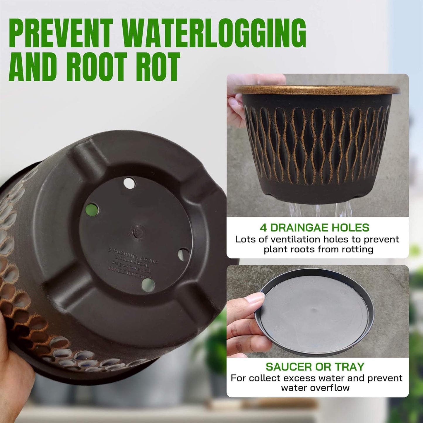 4 Pack 9 Inch Retro Plant Pots, Vintage Striped Flower Pots with Drainage Hole & Saucer, Large Plastic Planters for Indoor and Outdoor Plants, Decorative Garden Pots(Gold)