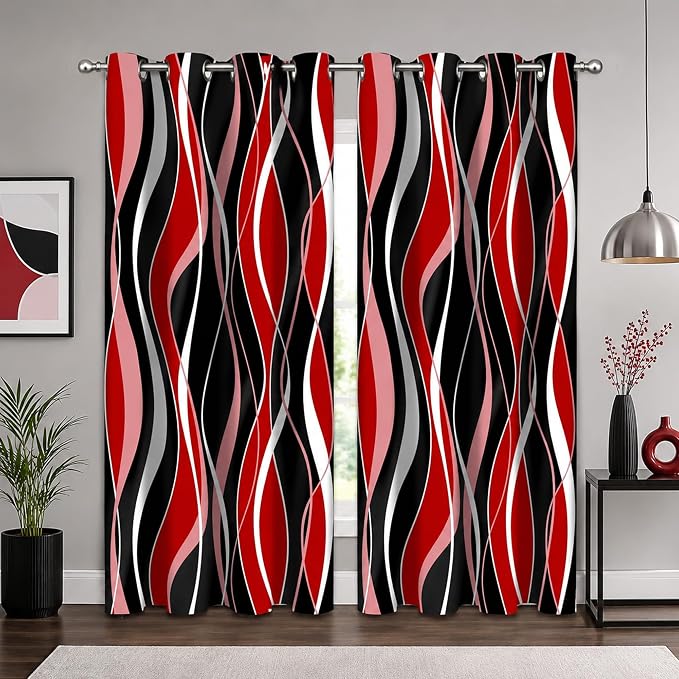 iTapnoom Red Black Abstract Blackout Curtains, Geometric Striped Art Darkening Window Drapes Grommet for Living Room Bedroom Decor 2 Panels 52"x84" Inches