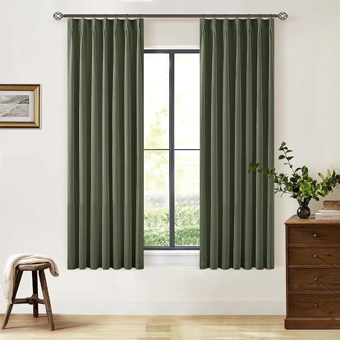 Olive Green Black Out Curtains 63 Inch Long for Bedroom Pinch Pleated with Rings Hooks Back Tab Thermal Insulated Short Linen Blackout Drapes Farmhouse Living Room Darkening Kitchen Curtains