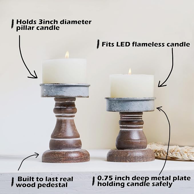 GenMous&Co. Decorative Candle Holders Pedestal Rustic Wood for Pillar Candle Farmhouse Candlestick Holder Galvanized Plate for Mantel, Dining Table, Centerpiece,Coffee Bar,Set of 2（Brown