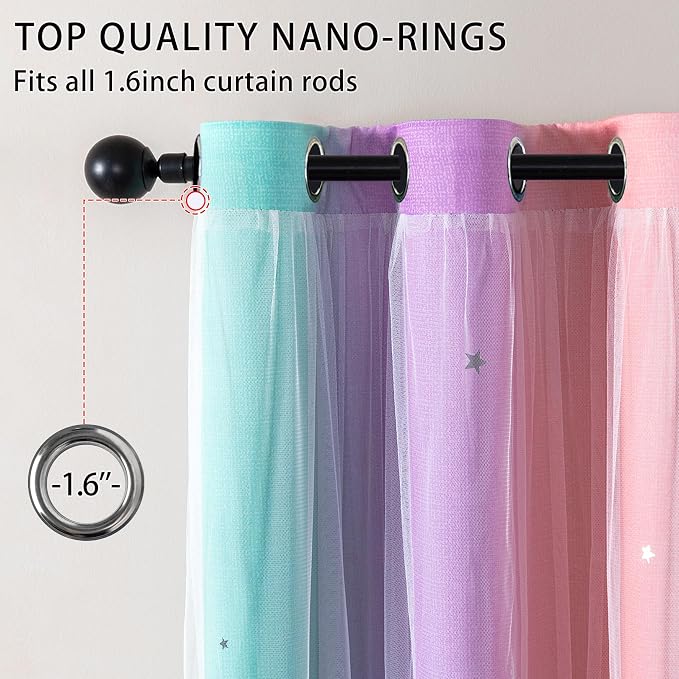 XiDi Curtains for Girls Bedroom 2 Panel Set, Thermal Insulated Window Ombre Panels, Rainbow Pink Drapes for Kids Room Unicorn Wall Decals, Black Out Curtains 54 Inch Long Pink/Purple/Green 52x54