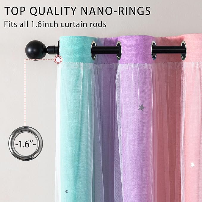 XiDi Curtains for Girls Bedroom 2 Panel Set, Thermal Insulated Window Ombre Panels, Rainbow Pink Drapes for Kids Room Unicorn Wall Decals, Black Out Curtains 45 Inch Long Pink/Purple/Green 52x45