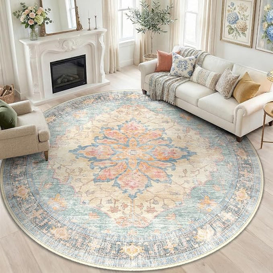 RELEANY Area Rugs Round 6ft Washable Non-Slip, Floral Vintage Distress Medallion Carpet for Living Room Bedroom Dining Room, Blue Orange Red