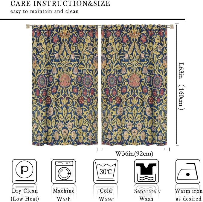 Retro Bohemian William Morris Plant Floral Blackout Window Curtains, Abstract Vintage Country Floral Leaf Pattern Print Window Drapes, for Bedroom Living Room 72x63in