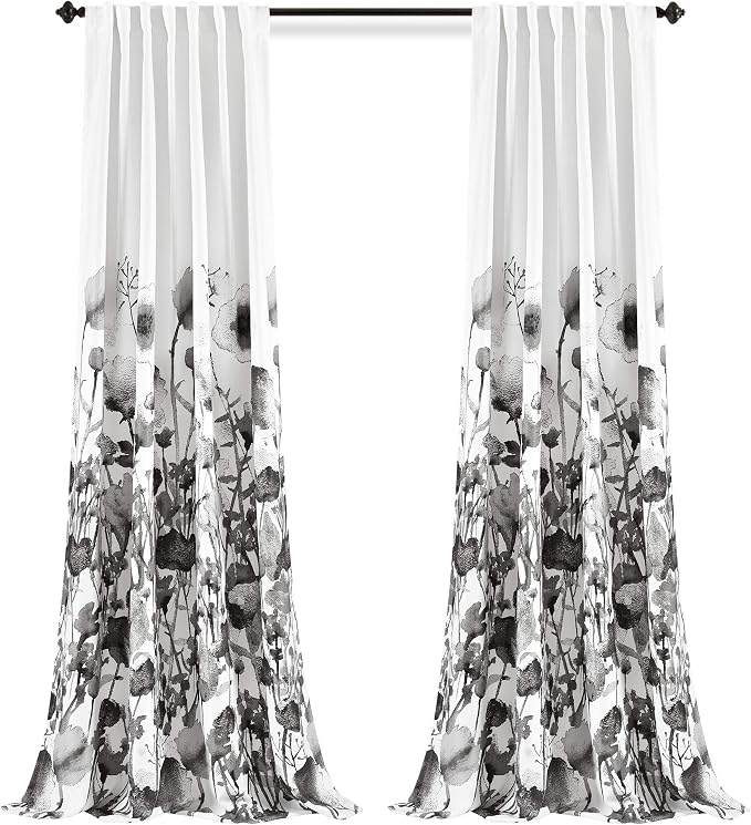 Lush Decor Zuri Flora Light Filtering Window Curtain Panel Pair, 52" W x 84" L, White & Black