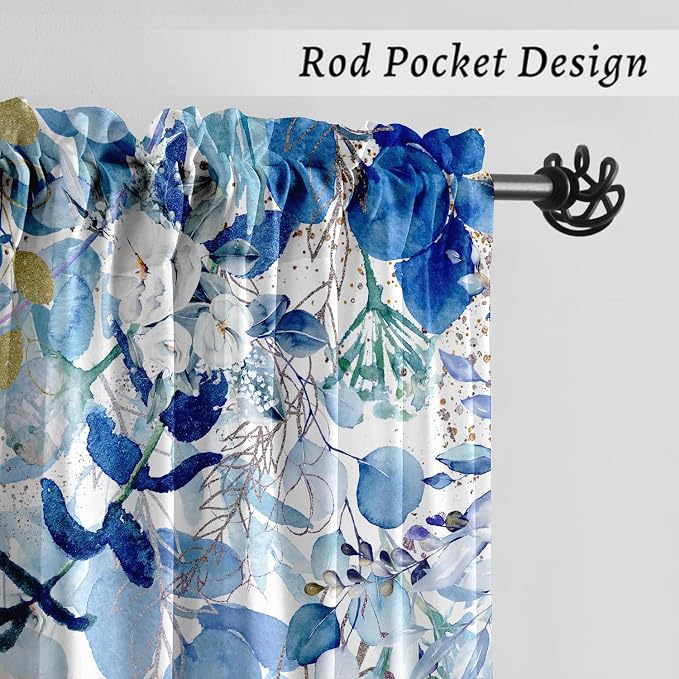 Blue Eucalyptus Curtains 63 Inch Length 2 Panels, Leaves Plant Drapes for Dinning Small Windows, Blue and White Light Filtering Curtain for Living Room Bedroom Bathroom, Dual Rod Pocket, 42" W x 63" L