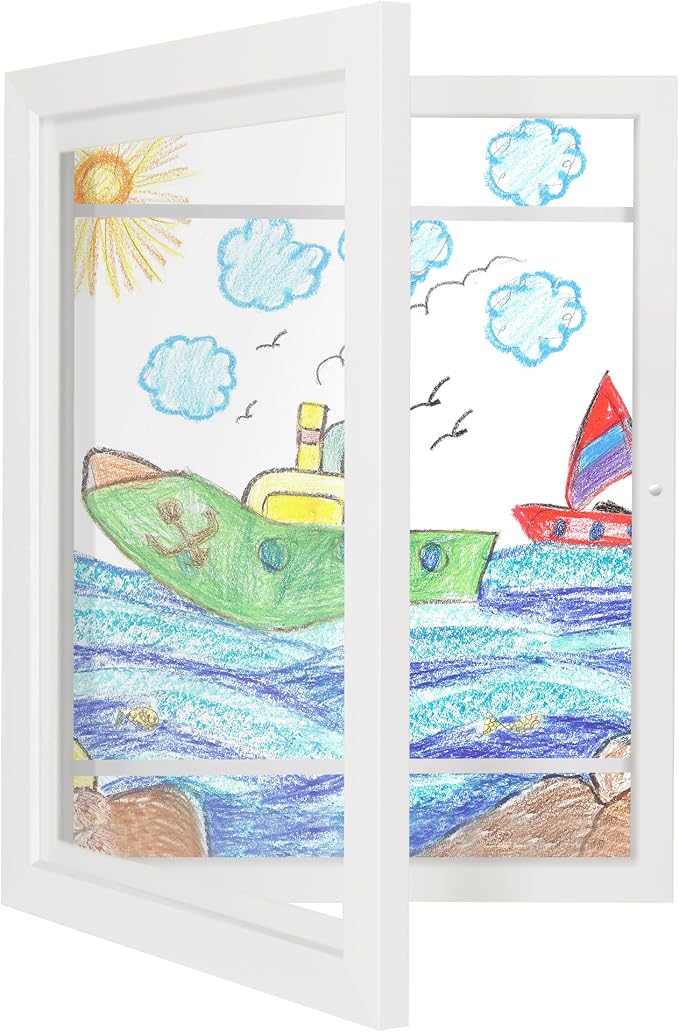 iRahmen Kids Art Frames 8.5x11 - Front Opening Childrens Picture Frame Changeable, Wood Artwork Display Storage for Wall Mount, Magnetic Door Holds 50 Art Pieces for Drawings, 3D Picture, Crafts, Portfolio, White