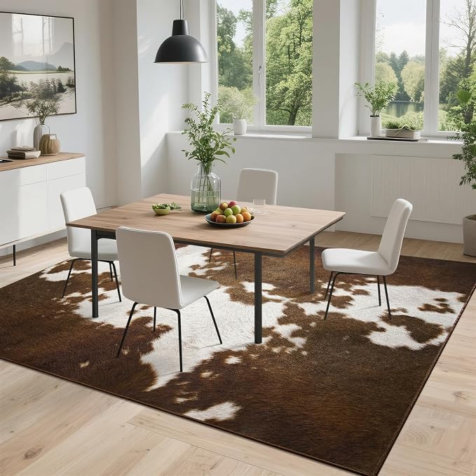 DweIke Cow Print Rugs for Living Room, 6x9 Large Soft Faux Animal Cowhide Area Rug, Washable Non-Slip Stain Resistant Throw Carpet for Dining Room Office Western Home Decor, Light Brown