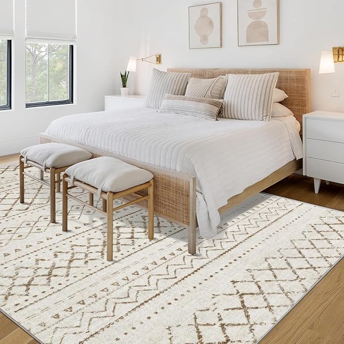 Area Rug for Living Room 6x9: Large Washable Boho Moroccan Rugs Geometric Neutral Rug, Non-Slip Foldable Morden Farmhouse Indoor Floor Carpet for Bedroom Dining Table Home(Brown,6X9)