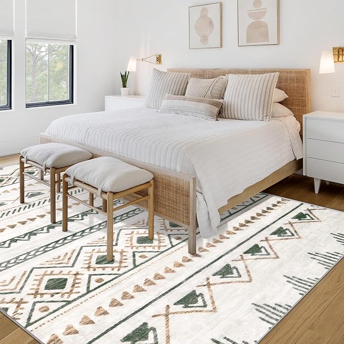 Area Rug Living Room Rugs 5x7 - Large Soft Boho Geometric Rugs, Non-Slip Foldable Washable Area Rug Non Shedding Morden Indoor Floor Carpet for Living Bedroom Office Dining Room(Brown Green,5'x7')