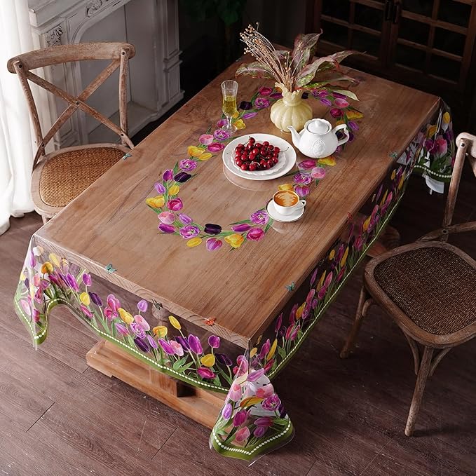 Clear Table Protector Cover Vinyl Rectangle PVC Tablecloth with Tulip Waterproof Oil Proof Wipeable Plastic Tablecloths for Spring Summer Home Kitchen Dining Table (Tulip, 52 x 70 Inches)