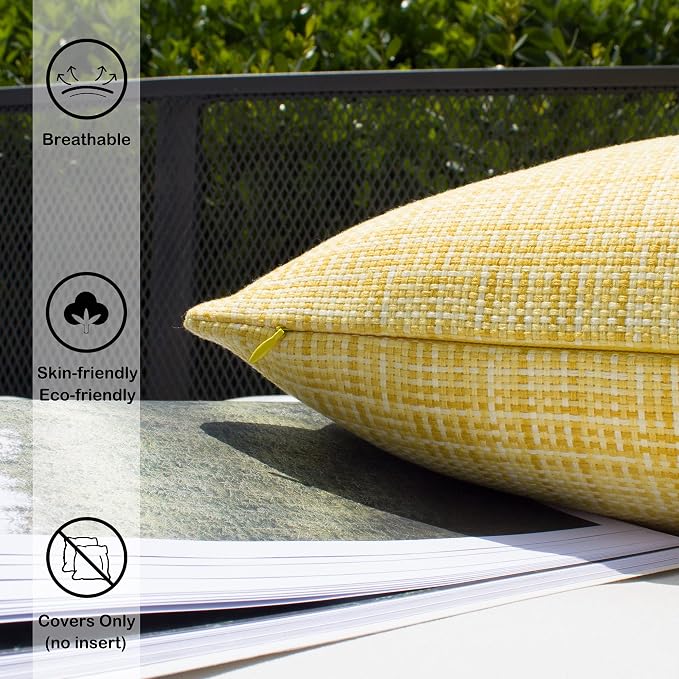 Kevin Textile Pack of 2 Decorative Outdoor Waterproof Throw Pillow Covers Lumbar Pillowcases Modern Cushion Cases for Patio Couch Bench 12 x 20 Inch Yellow