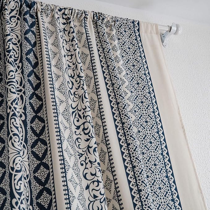 VOGOL Boho Curtains for Bedroom, Geo Design Rod Pocket Bohemian Drapes for Living Dining Room Hotel Decoration, 1 Panel 59 x 94 Inch, Navy Blue on Beige
