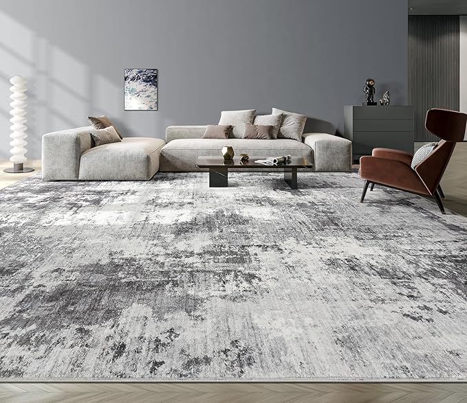 Abstract 12x14 Area Rug: Machine Washable Non Slip Ultra Thin Low-Pile Carpet, Soft Stain Resistant for Living Room Bedroom Office, Kid Pet Friendly, Robot Vacuum Compatible - Grey