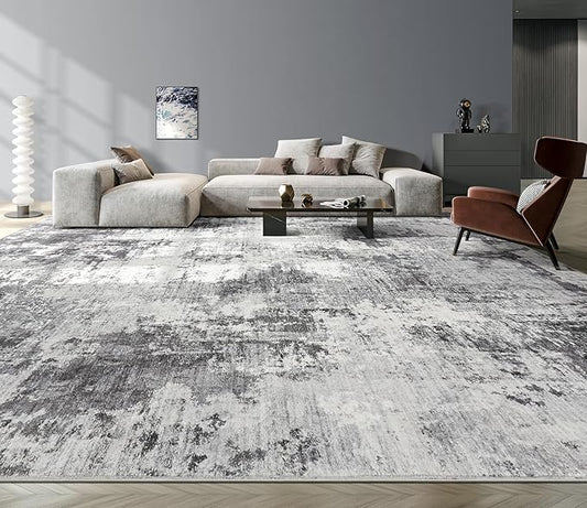 Abstract 12x14 Area Rug: Machine Washable Non Slip Ultra Thin Low-Pile Carpet, Soft Stain Resistant for Living Room Bedroom Office, Kid Pet Friendly, Robot Vacuum Compatible - Grey