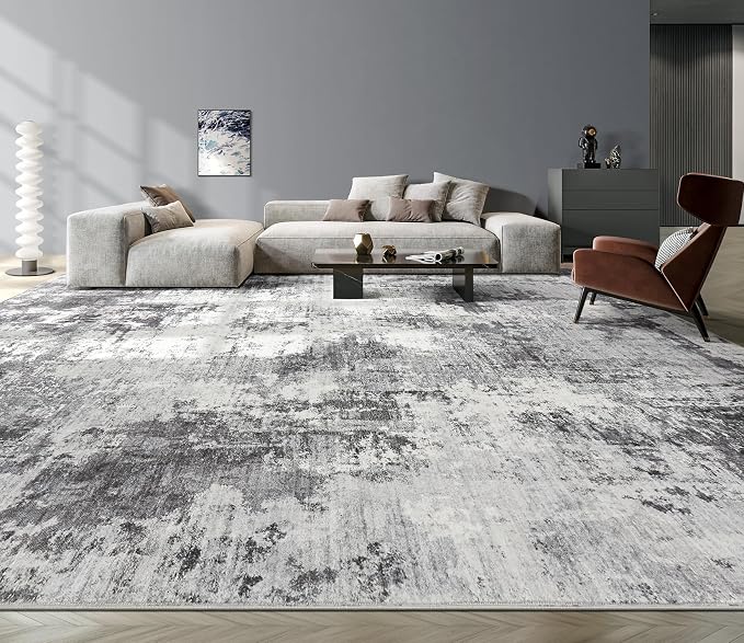 Abstract 12x18 Area Rug: Machine Washable Non Slip Ultra Thin Low-Pile Carpet, Soft Stain Resistant for Living Room Bedroom Office, Kid Pet Friendly, Robot Vacuum Compatible - Grey