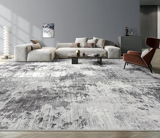 Abstract 12x18 Area Rug: Machine Washable Non Slip Ultra Thin Low-Pile Carpet, Soft Stain Resistant for Living Room Bedroom Office, Kid Pet Friendly, Robot Vacuum Compatible - Grey
