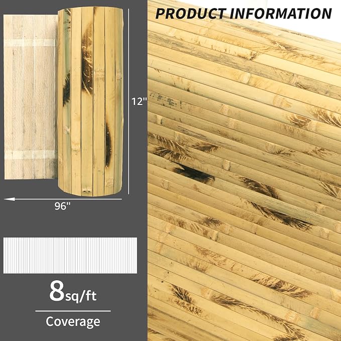 Art3d Natural Bamboo Wall Panel for Interior Wall Decor, Renewable Pole Wrap Wainscoting Paneling for Wall Ceiling Furniture Cabinet Office, 12 x 96 Inch, 2-Pack - Light Burned