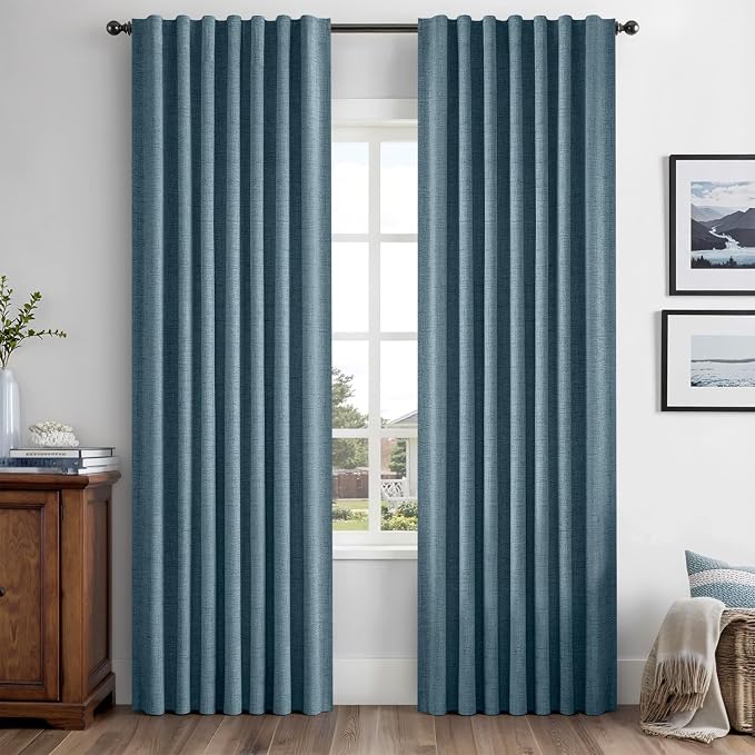 MIULEE 100% Blackout Linen Curtains for Bedroom, Stone Blue Solid Luxury Decor Thermal Insulation Room Darkening Drapes for Living Room Back Tab Rod Pocket 42 x 84 Inches, 2 Panels
