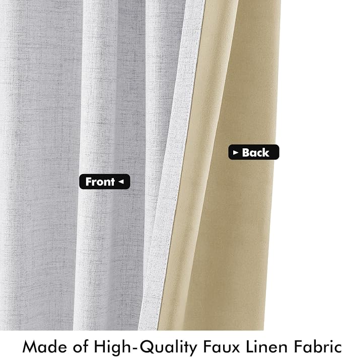 MIULEE 100% Blackout Linen Curtains for Bedroom, Grayish White Solid Luxury Decor Thermal Insulation Room Darkening Drapes for Living Room Back Tab Rod Pocket 42 x 108 Inches, 2 Panels