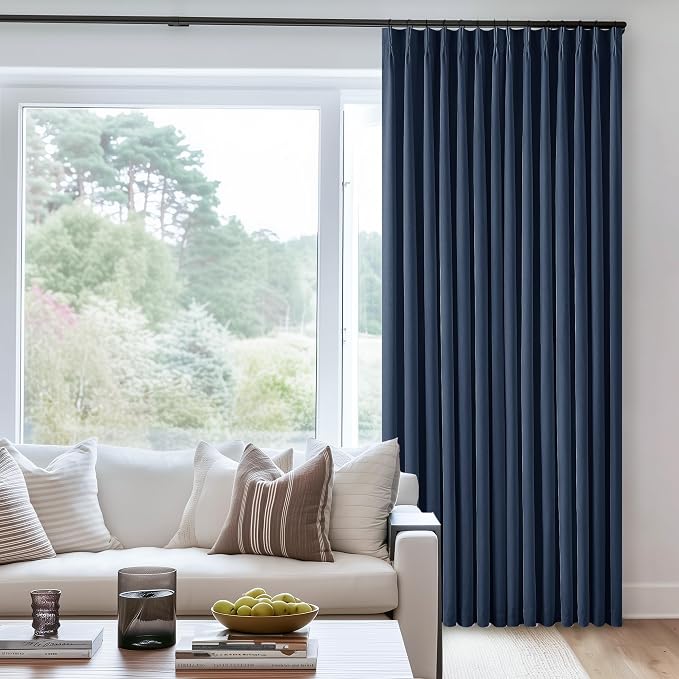 Navy Blue Pleated Linen Blackout Curtains 102 Inches Long for Bedroom Living Room Pinch Pleat Black Out Thermal Insulated Ring Hooks Room Darkening Drapes Indigo Blue Curtains with Liner 40x102