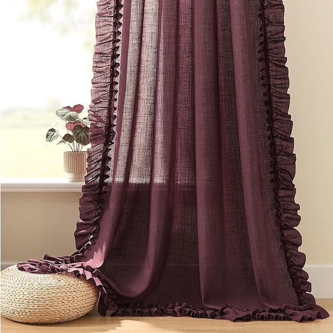 Burgundy Linen Curtains 96 Inches Long, 2 Panels, W58 x L96 Inch, Linen Textured Boho Farmhouse Maroon Ruffle Curtains for Living Room Rod Pocket Privacy Light Filtering Semi-Sheer Autumn Fall Curtain