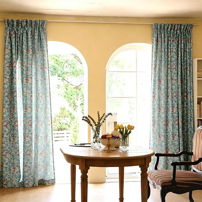 RoomTalks 63 Inches Boho Floral Curtains for Bedroom Dining Living Room Nursery Light Filtering, Country Farmhouse Vintage Elegant Faux Linen Window Curtain Panels Cute Aesthetic Cottagecore Drapes
