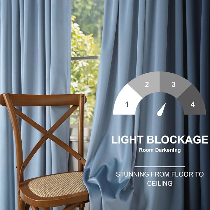 Dusty Blue Velvet Curtains 84 Inches Long 2 Panel Back Tab Rod Pocket Thermal Insulated Room Darkening Stone Light Blue Blackout Curtain for Living Room Bedroom Floor Length Slate Grey Blue Gray Drape