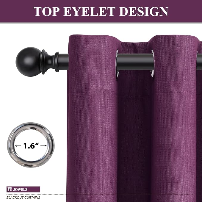Jowels Purple Linen Blackout Curtains 84 Length 2 Panels Set for Living Room Bedroom, 100% Black Out Thermal Insulated Linen Drapes, Room Darkening Grommet Curtains 84 Inches Long, Purple