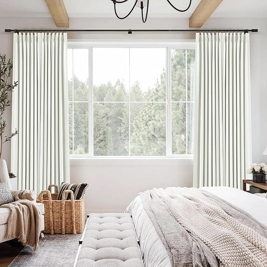 Ivory Pinch Pleated Linen Blackout Curtains 90 Inches Long for Bedroom Living Room 2 Panels Set, Darkening Thermal Insulated Double Layer Boho Neutral Pinch Pleat Hooks Rings Track System Curtain
