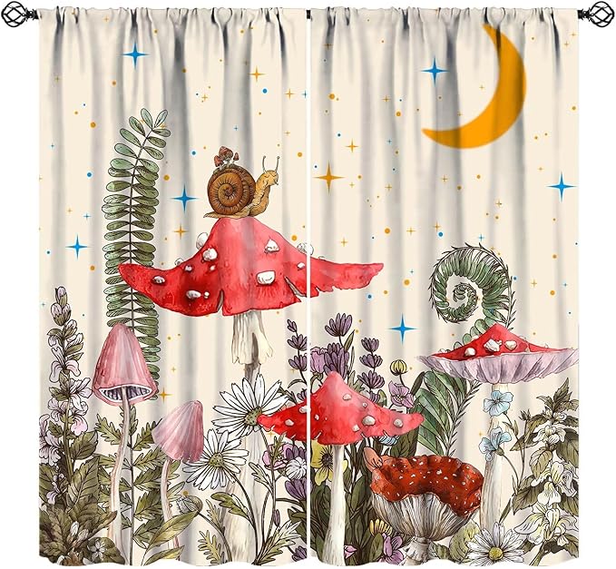 Watercolor Mushroom Curtains, Rustic Vintage Country Red Mushroom Nature Plants Fern Botanical Flowers Moon Stars Blackout Window Curtains for Bedroom Kitchen, 42" W X 54" L