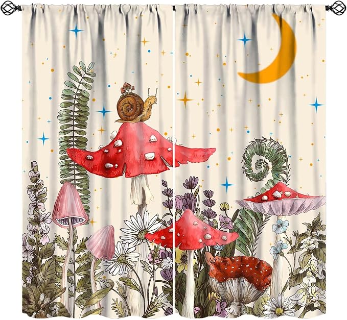 Watercolor Mushroom Curtains, Rustic Vintage Country Red Mushroom Nature Plants Fern Botanical Flowers Moon Stars Blackout Window Curtains for Bedroom Kitchen, 55" W X 63" L
