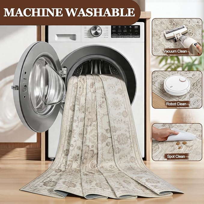9x12 Area Rugs for Living Room:Beige Washable Vintage Medallion Carpet Non-Slip Soft Low Pile Large Rugs Indoor Retro Rug for Bedroom Nursery Dining Table Office Home(Beige White 9'x12')