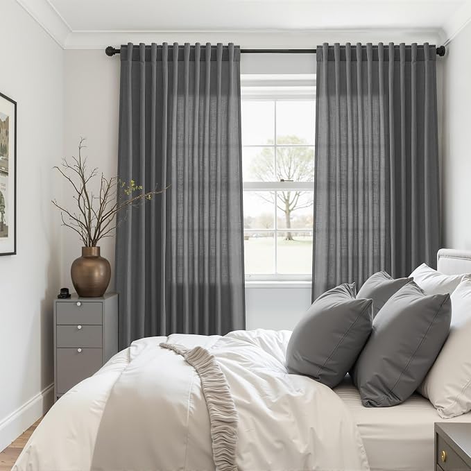 Aersas 102 Inch Blazer Grey Linen Curtains for Living Room Bedroom Semi Sheer Privacy Flax Textured Drapes Light Filtering Dinner Room Sliding Glass Door Curtain Farmhouse Rustic 52x102 Dark Grey