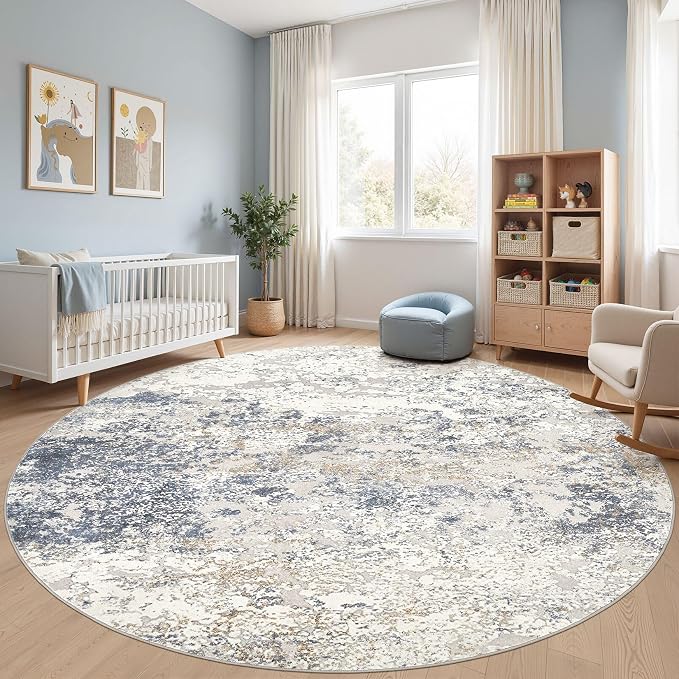 DMOYEST 10ft Round Area Rug Living Room Rugs - 10x10 Washable Circle Rug Large Soft Indoor Neutral Modern Abstract Low Pile Carpet for Bedroom Dining Room Farmhouse Home Office - Beige Blue