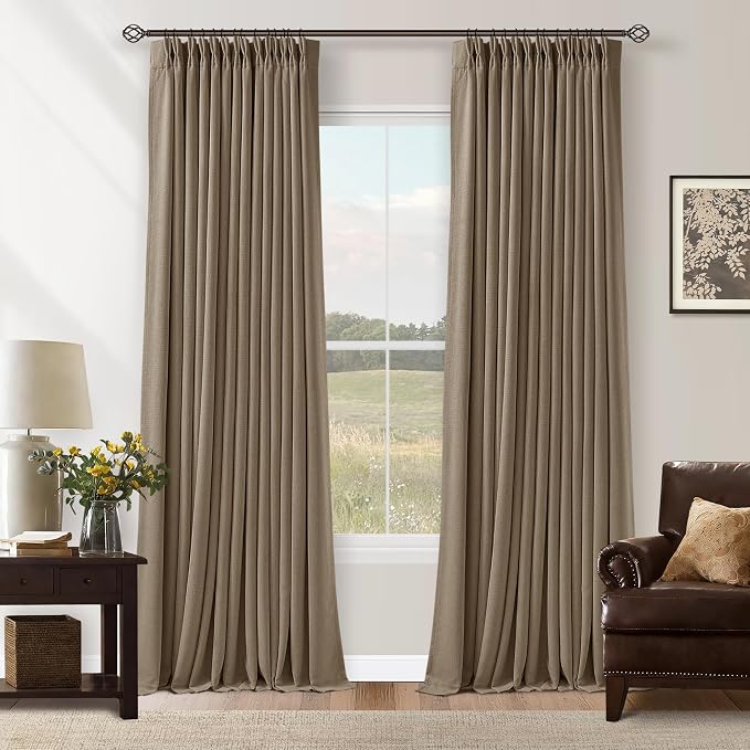 Latte 96 Inch Pinch Pleated Blackout Linen Curtains for Bedroom Living Room 2 Panels Set Memory Trained 100% Black Out Soundproof Room Darkening Window Curtains Double Layer Pinch Pleat Drapes