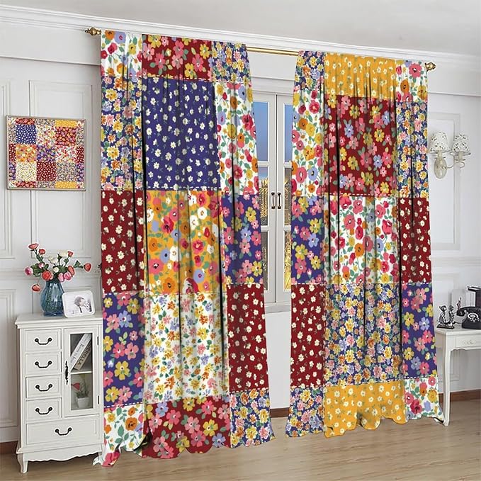 Boho Floral Patchwork Blackout Curtains Vintage Flower Bohemian Colorful Spring Retro Print Window Drapes for Bedroom Living Room Kitchen Cafe （W42xL84 Inch） x2 Panels