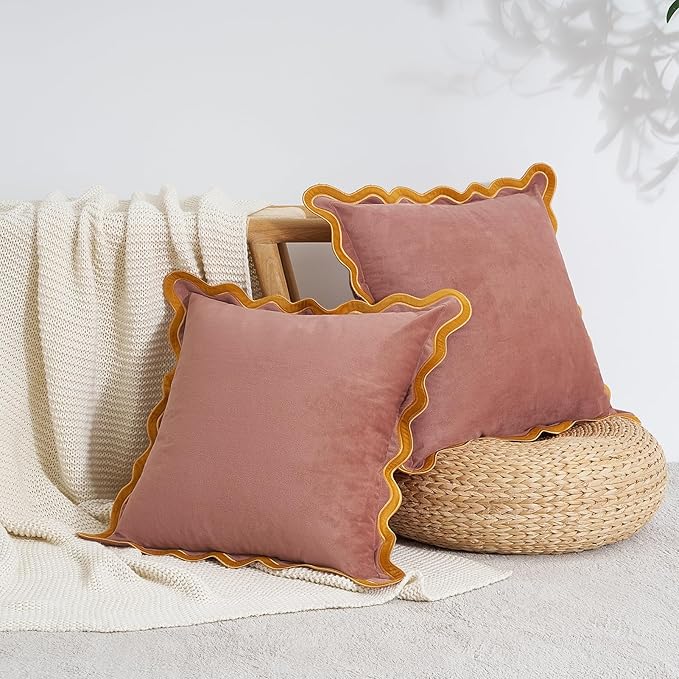 MONDAY MOOSE Decorative Throw Pillow Covers Cushion Cases, Set of 2 Soft Velvet Scalloped Wavy Edge Designs, Mix and Match for Home Decor, Pillow Inserts Not Included (16x16 inch, Pink/Honey)