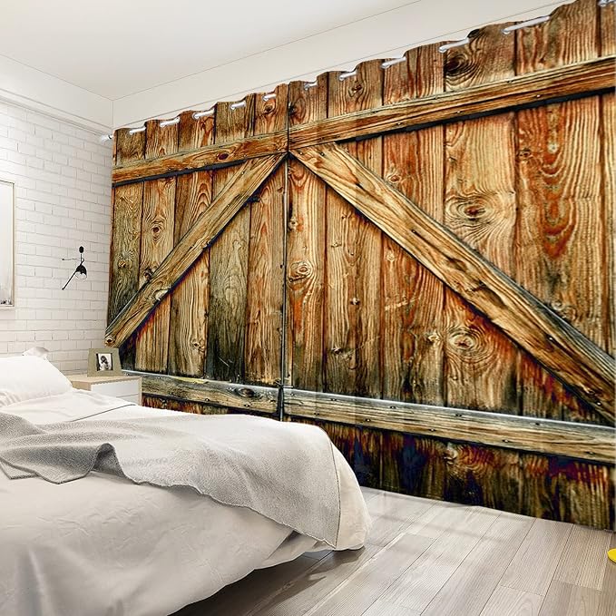 Rustic Vintage Wooden Plank Barn Door Curtains, Farmhouse Countryside Living Room Kitchen Curtains, 53x45 inch, 2 Panels with Grommets