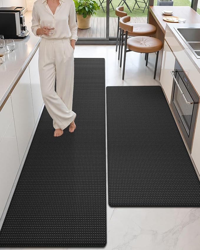 Color&Geometry Anti Fatigue Cushion Padded Kitchen Mat for Floor - 24x59+24x94,Easy Clean, Waterproof & Oil Proof, Anti Slip, Foam Rubber Runner Rug for Front Sink Comfort Standing, Black Set of 2