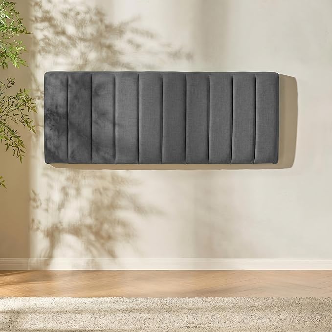 Hearth & Harbor Upholstered King Headboard - Easy Assemble Channel Stitched Headboard King Size Bed - Wall Mounted Headboards with 3D Soundproof Wall Panels Peel & Stick Floating Headboards, Grey